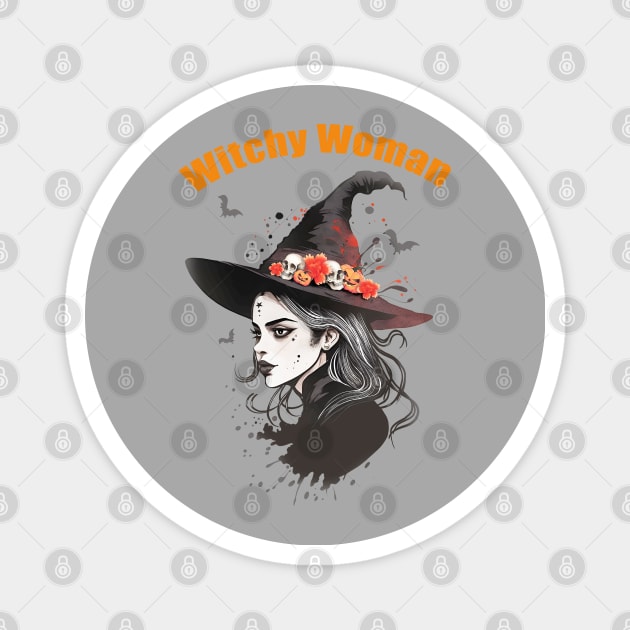 Witch Woman, Beautiful Witch, witch for cute Halloween, witch hat, spooky gothic Magnet by Collagedream